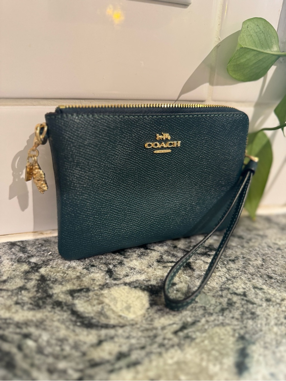 Coach Green Leather Wristlet with Gold Removable Charm